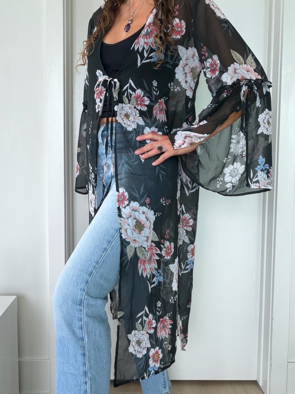 Band of Gypsies Sheer see-through black chiffon floral tie-front duster